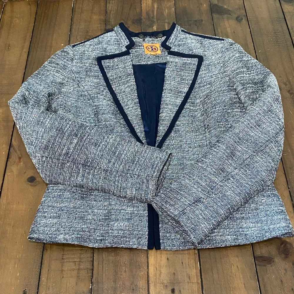 Tory Burch Women Blue Multi Tweed Metallic Trim Blazer Jacket Size 4 Navy Piping